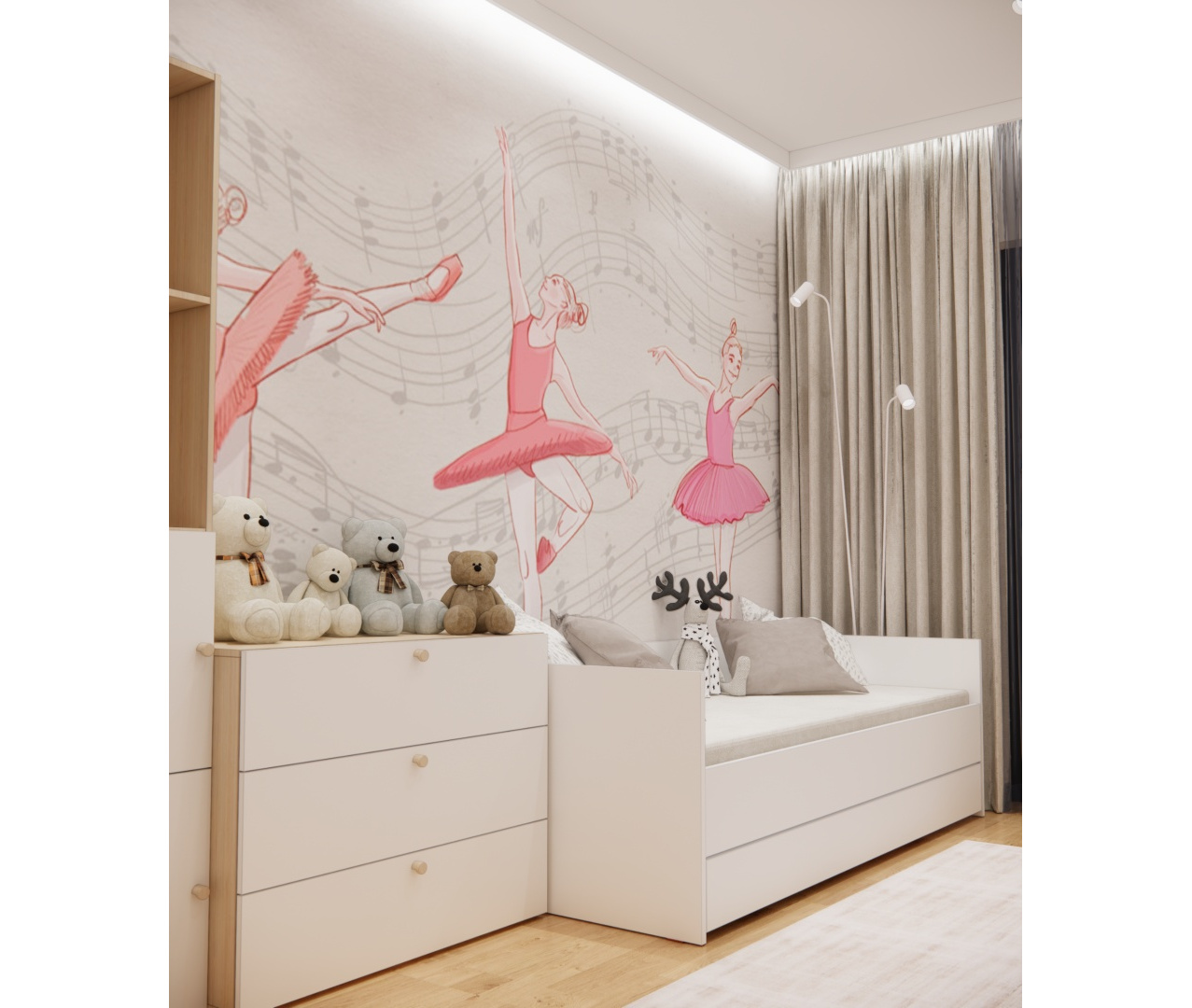 Łóżko z szufladą do spania dla rodzeństwa oraz dekoracyjna tapeta z różowymi baletnicami.